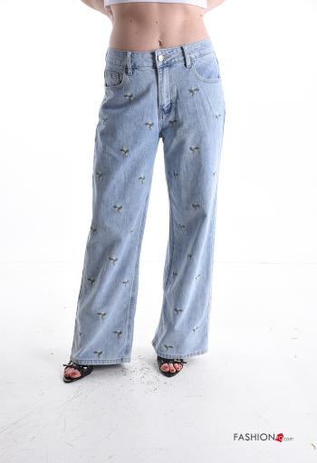 Embroidered wide leg Cotton Jeans with pockets - ph 1