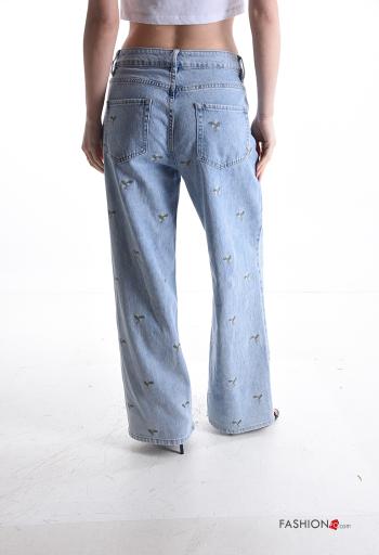 Embroidered wide leg Cotton Jeans with pockets - ph 2