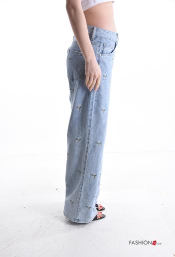 Embroidered wide leg Cotton Jeans with pockets - ph 3