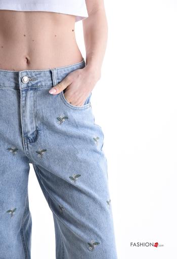 Embroidered wide leg Cotton Jeans with pockets - ph 4