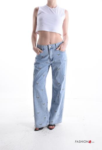 Embroidered wide leg Cotton Jeans with pockets - ph 5