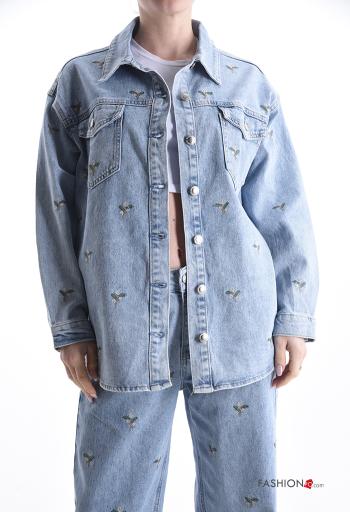 Embroidered denim Cotton Jacket with buttons with pockets - ph 1