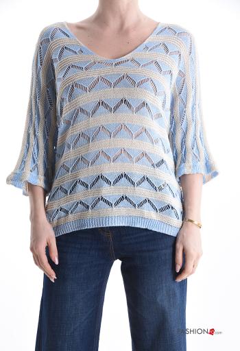 Maglione Fantasia righe scollo a V maniche a tre quarti