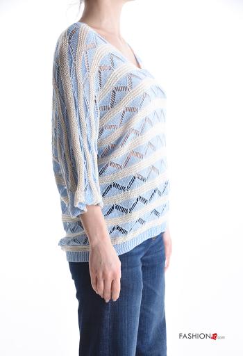 Maglione Fantasia righe scollo a V maniche a tre quarti - ph 3