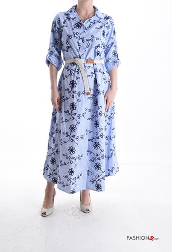 Streifenmuster lange Blusenkleid aus Baumwolle mit Gürtel mit Knöpfen