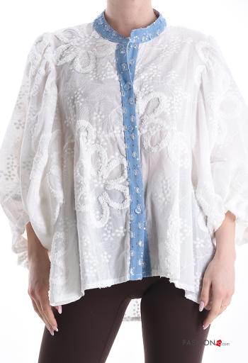 Embroidered puff sleeve asymmetrical Silk Shirt