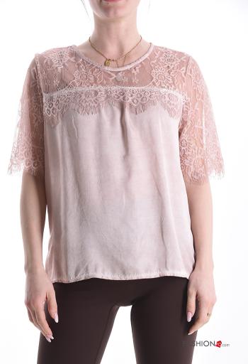 lace trim short sleeve satin Blouse