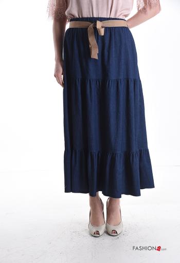 Gonna in Cotone denim lungo con balze con nastro