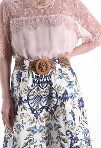 Jacquard-Muster hoher Taille wide leg Hose aus Baumwolle mit Gürtel mit Taschen - ph 4