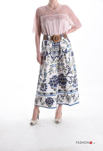 Jacquard-Muster hoher Taille wide leg Hose aus Baumwolle mit Gürtel mit Taschen - ph 5