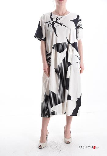 Abstract print short sleeve long Cotton Dress with pockets