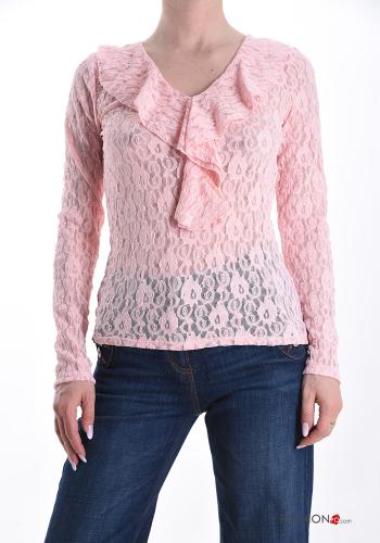 lace trim long sleeve Blouse with flounces with v-neck - ph 1