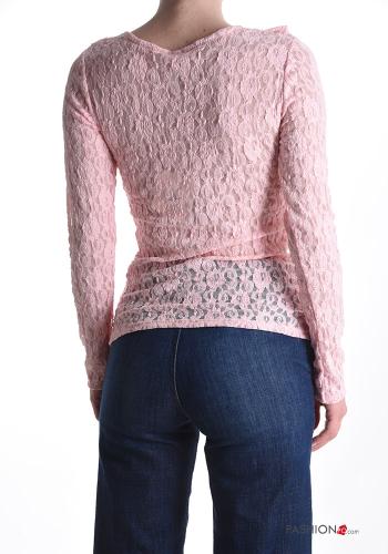 lace trim long sleeve Blouse with flounces with v-neck - ph 2