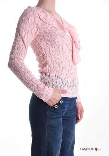 lace trim long sleeve Blouse with flounces with v-neck - ph 3