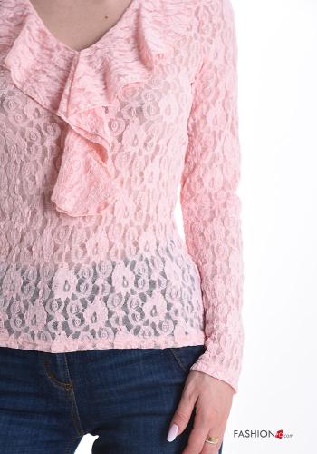 lace trim long sleeve Blouse with flounces with v-neck - ph 4
