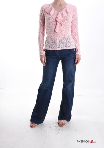 lace trim long sleeve Blouse with flounces with v-neck - ph 5
