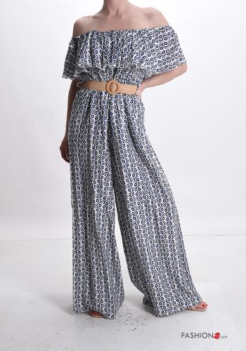 Blumenmuster wide leg Overall aus Leinen mit Gürtel mit Volants