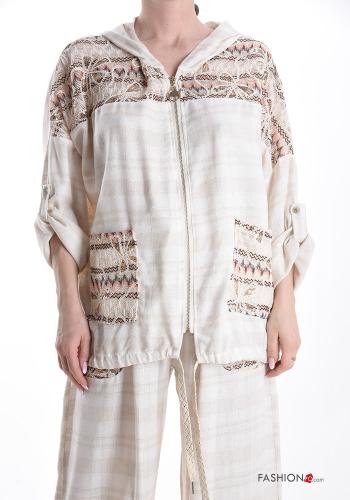 Giacca in Lino in pizzo sangallo con coulisse con zip con tasche con cappuccio