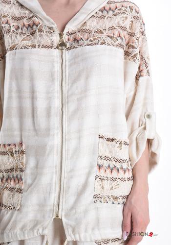 Giacca in Lino in pizzo sangallo con coulisse con zip con tasche con cappuccio - ph 4