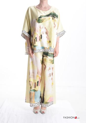 Abstract print short sleeve wide leg satin Co-ord
