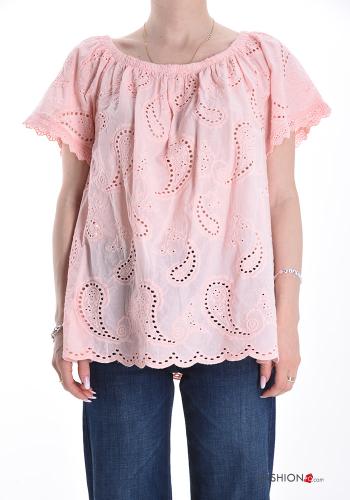 Blouse en Coton manches courtes à broderie broderie anglaise