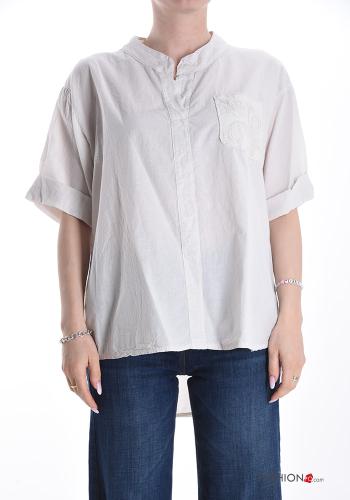 Blouse en Coton asymétrique à col en V manches à trois-quarts