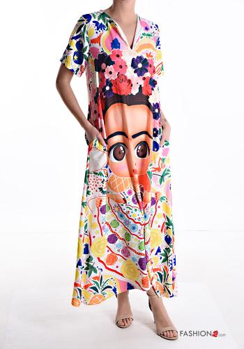 Patterned short sleeve long Dress with pockets with v-neck