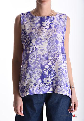 Blusa in Lino senza maniche asimmetrico Fantasia floreale - ph 1