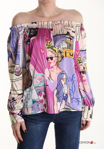 Pop-Art Muster Satin Bluse bardot-ausschnitt - ph 1