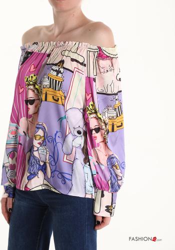 Pop-Art Muster Satin Bluse bardot-ausschnitt - ph 3