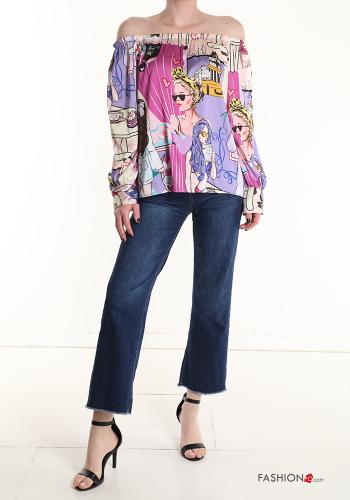 Pop-Art Muster Satin Bluse bardot-ausschnitt - ph 5