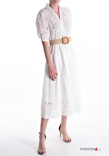 Abito chemisier in Cotone maniche corte lungo in pizzo sangallo scollo a V con cintura con tasche - ph 1