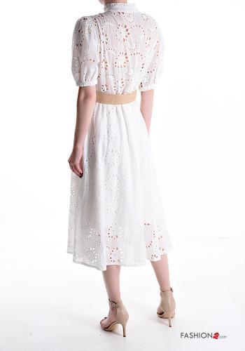 Abito chemisier in Cotone maniche corte lungo in pizzo sangallo scollo a V con cintura con tasche - ph 2