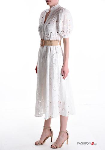 Abito chemisier in Cotone maniche corte lungo in pizzo sangallo scollo a V con cintura con tasche - ph 3