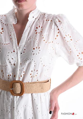 Abito chemisier in Cotone maniche corte lungo in pizzo sangallo scollo a V con cintura con tasche - ph 4