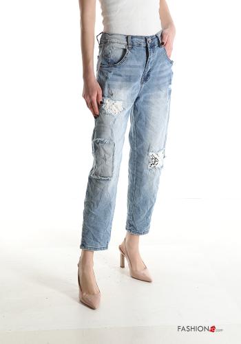 lace trim ripped Cotton Jeans with pockets