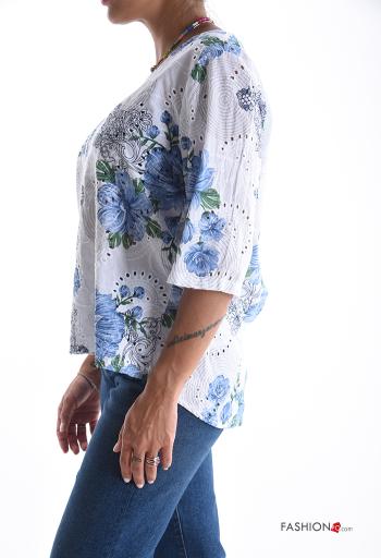 Blusa in Cotone girocollo Fantasia floreale in pizzo sangallo con bottoni maniche a tre quarti - ph 3