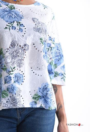 Blusa in Cotone girocollo Fantasia floreale in pizzo sangallo con bottoni maniche a tre quarti - ph 4