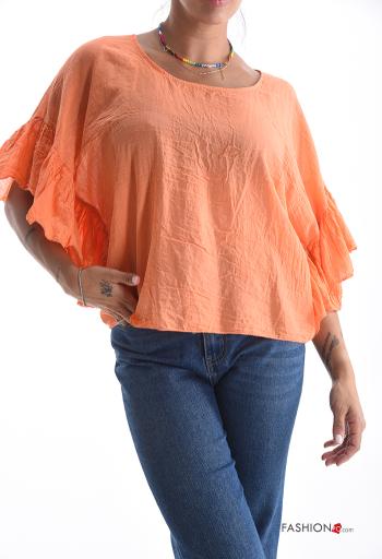 Blusa in Cotone maniche volant girocollo maniche a tre quarti