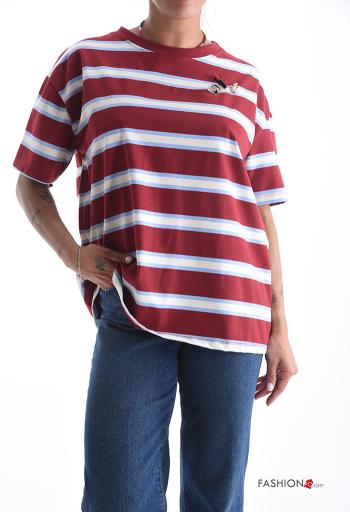Striped short sleeve crew neck Cotton T-shirt with buttons