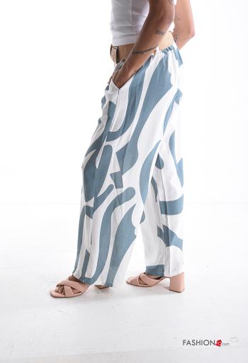 Abstract print wide leg long Trousers with belt with pockets - ph 3