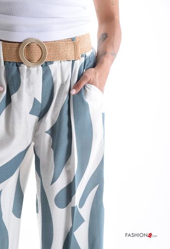 Abstract print wide leg long Trousers with belt with pockets - ph 4