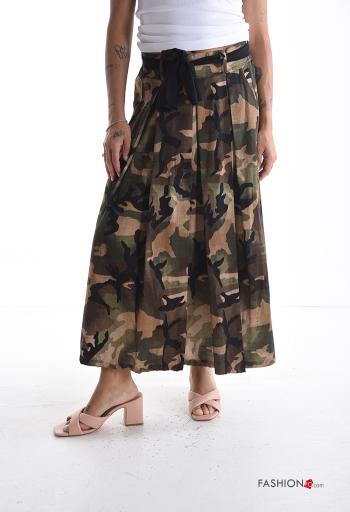 Camouflage print bell Cotton Skirt with pockets with fabric belt