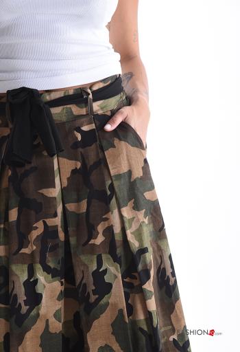 Camouflage print bell Cotton Skirt with pockets with fabric belt - ph 4