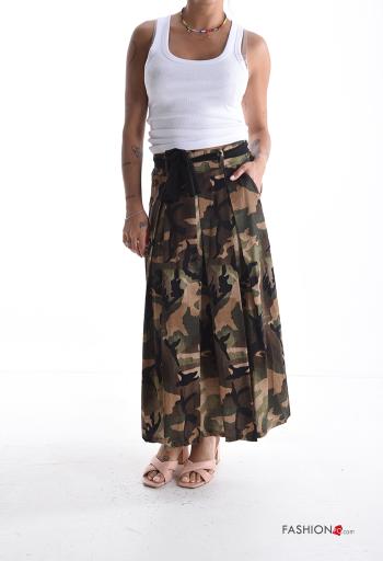 Camouflage print bell Cotton Skirt with pockets with fabric belt - ph 5