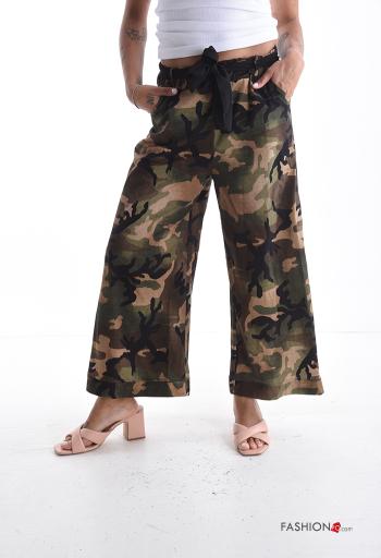 Pantalone in Cotone Fantasia camouflage con elastico con cintura con tasche