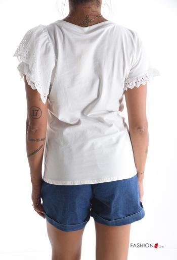 Besticktes Muster kurze ärmel u-boot ausschnitt T-shirt aus Baumwolle englische stickerei - ph 2