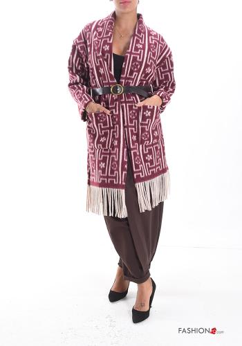 Cardigan maniche lunghe Fantasia astratta con tasche con cintura con frange