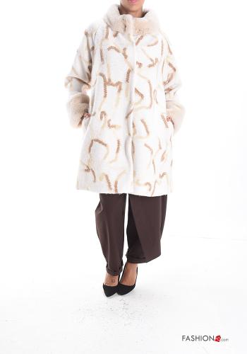 Cappotto pelliccia sintetica maniche lunghe Fantasia astratta con fodera con bottoni con tasche