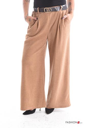 Pantalone in Misto Lana wide leg in velluto costine con cintura con tasche